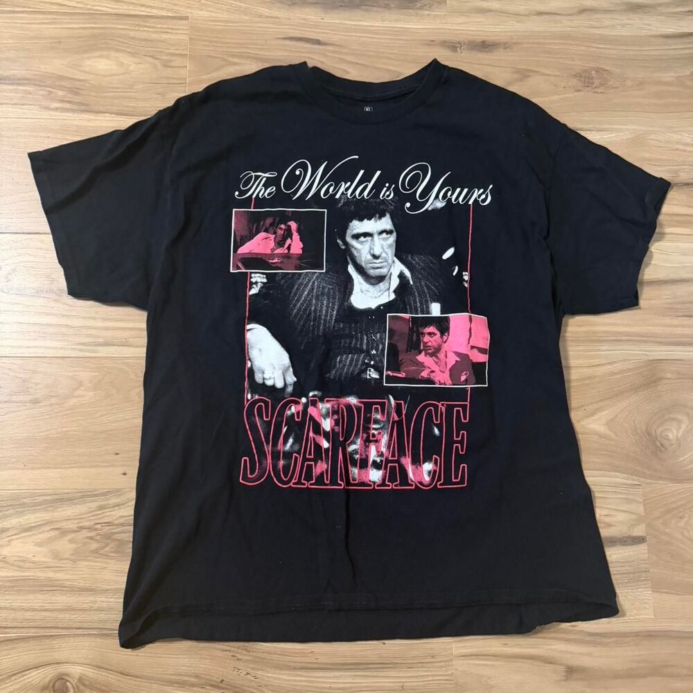 Scarface The World Is Yours Graphic T-Shirt Black Pink Tony Montana Movie Men XL